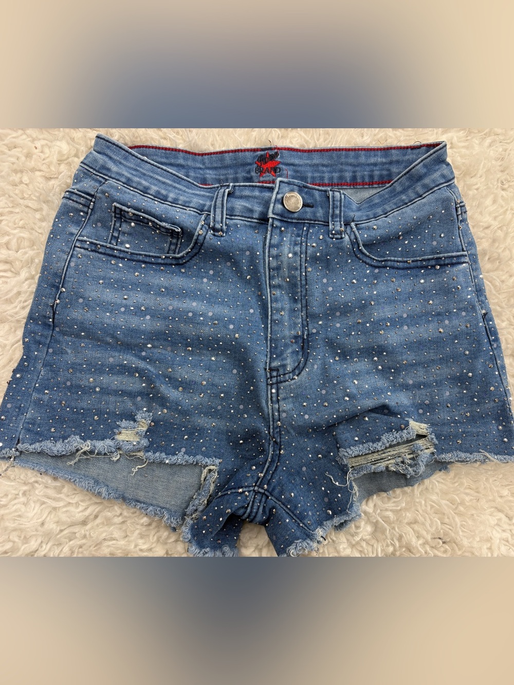 Roma Blue Denim Rhinestone Distressed High-Waist Shorts
